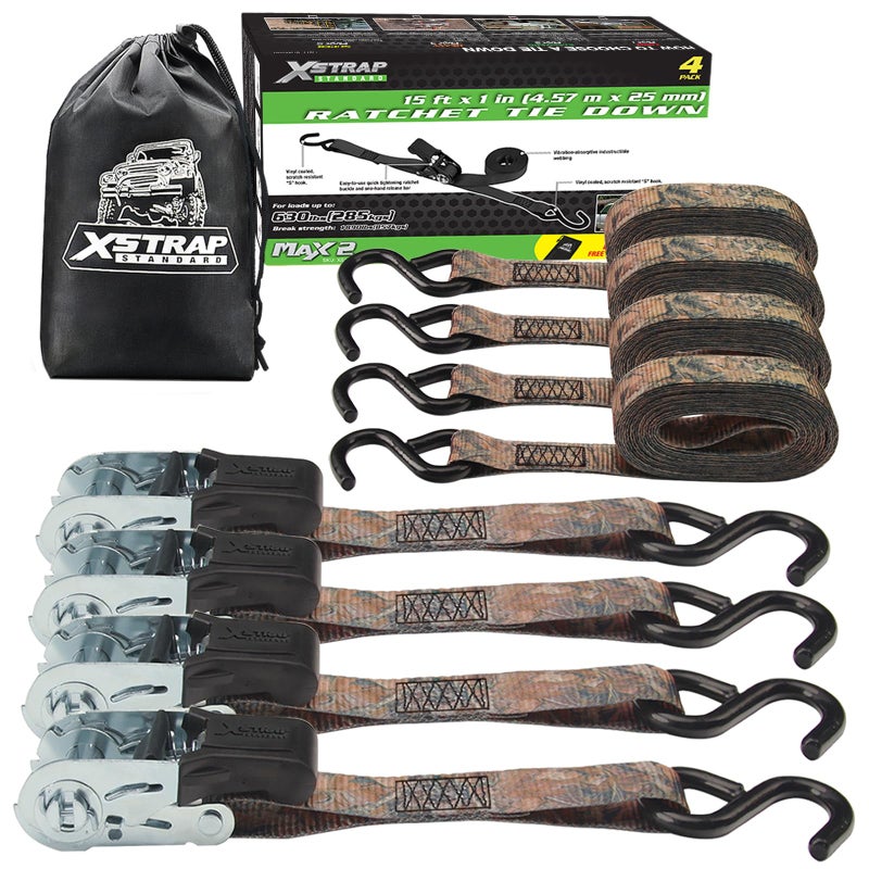 XSTRAP STANDARD Ratchet Tie Down Straps - 4 Pk - 1'' x 15 Ft - 630 Lbs Load Cap 1890 Lbs Break Strength-Cargo Straps for Moving Appliances, Lawn Equipment, Trucks, Motorcycle, Metal Hooks (Camouflage) - Image 1
